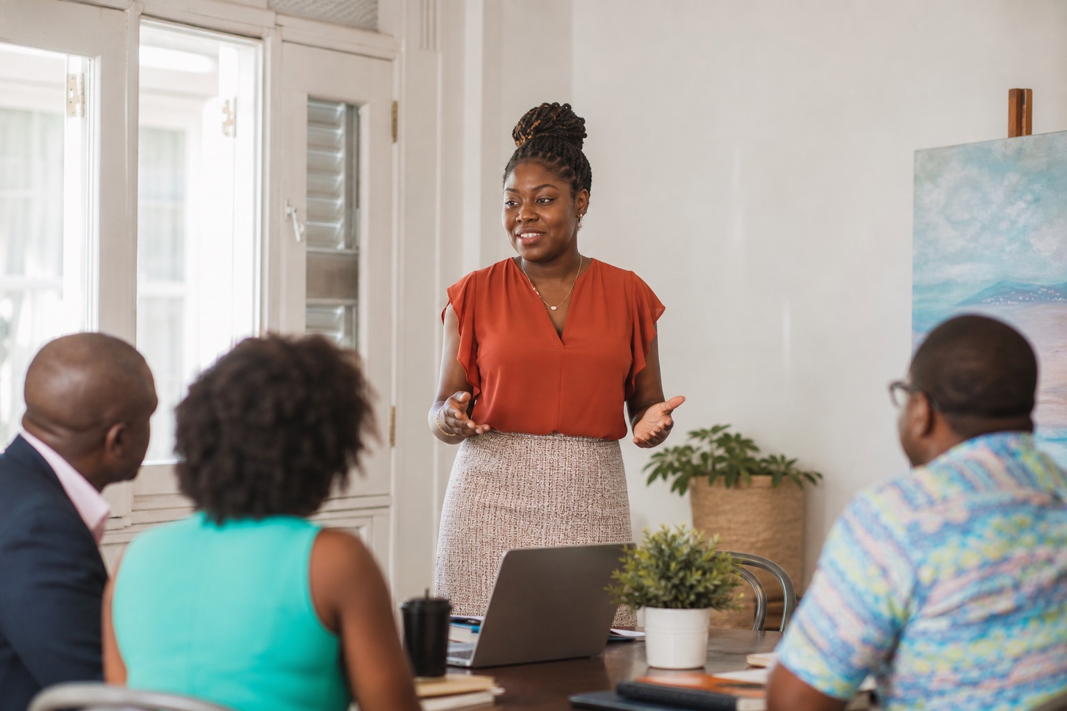 An entrepreneur presenting her business plan